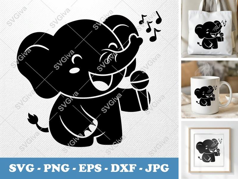 Elephant Singing SVG | Cute Karaoke Elephant PNG EPS DXF | Music Notes | Cricut Silhouette Cut File