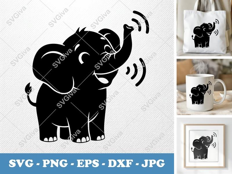 Elephant Singing SVG | Puffy Pillow Soft Shapes | PNG DXF EPS | Cricut Silhouette Cut File | Cartoon Animal
