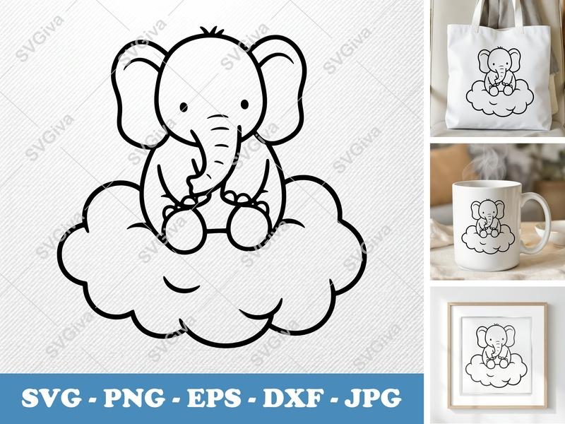 Elephant Sitting on a Cloud SVG PNG DXF EPS | Baby Animal Cut File for Cricut Silhouette