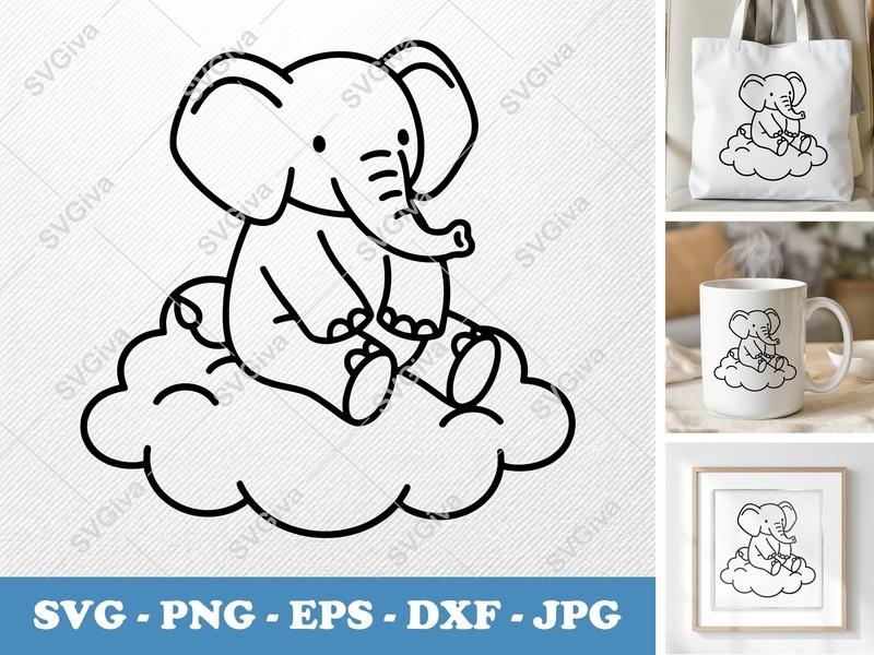 Elephant Sitting on Cloud SVG | Minimalist Cartoon Vector | Bold Outline PNG DXF EPS | Cricut Silhouette Cut File