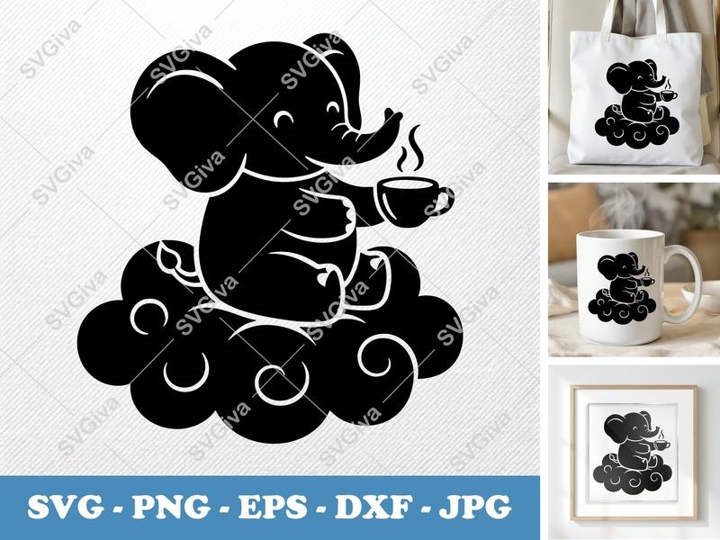 Elephant Sitting on Cloud SVG | Puffy Cartoon Inflated Shapes | PNG DXF EPS | Cricut Silhouette File