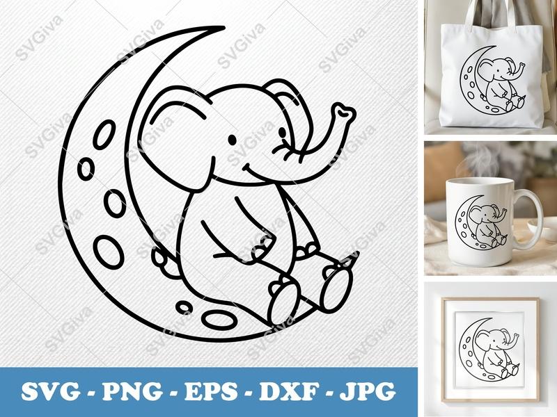 Elephant Sitting on Moon SVG | Minimalist Nursery Cut File | Bold Outline PNG DXF EPS for Cricut & Silhouette