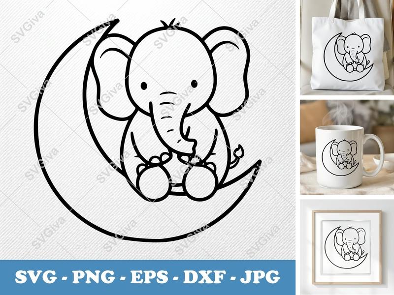 Elephant Sitting on Moon SVG PNG DXF EPS | Baby Elephant Cut File Cricut Silhouette