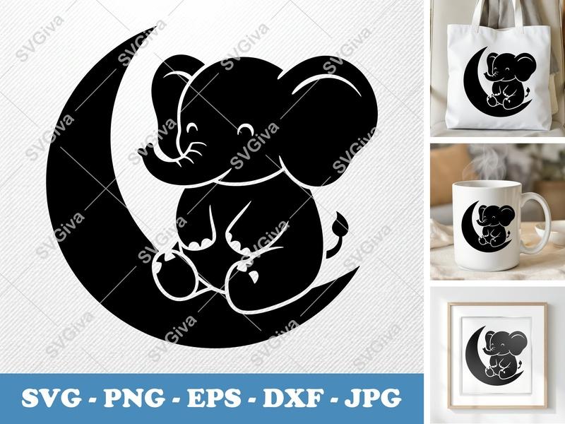 Elephant Sitting on Moon SVG | Puffy Soft Forms | PNG DXF EPS | Cricut Silhouette File