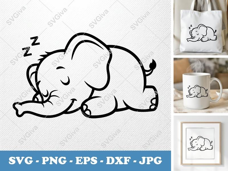 Elephant Sleeping SVG | Baby Elephant PNG, EPS, DXF | Cute Elephant Cricut & Silhouette File, Nursery Decor, Child Animal Design