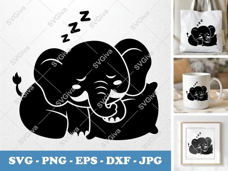 Elephant Sleeping SVG | Baby Elephant PNG EPS DXF | Cute Elephant Dreamin' Cut File for Cricut, Silhouette, Nursery Decor
