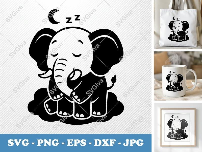 Elephant Sleeping SVG | Cute Baby Elephant PNG EPS DXF | Moon Zzz Cloud | Cricut & Silhouette Cut File | Nursery Decor