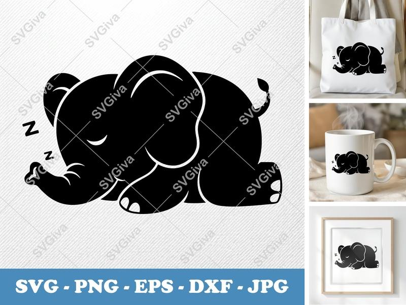 Elephant Sleeping SVG | Cute Baby Elephant PNG EPS DXF | Nursery Decor Cricut Silhouette Cut File | Modern Animal Clipart