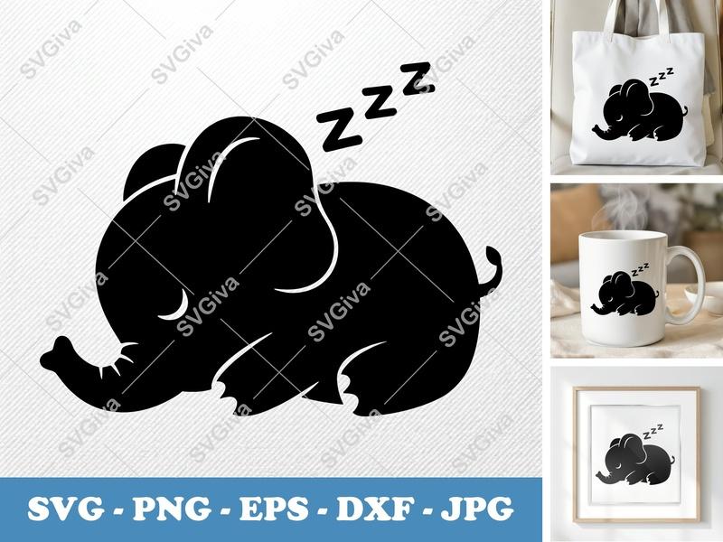 Elephant Sleeping SVG | Cute Baby Elephant Zzz | PNG EPS DXF | Cricut Silhouette Cut File | Nursery Decor Animal