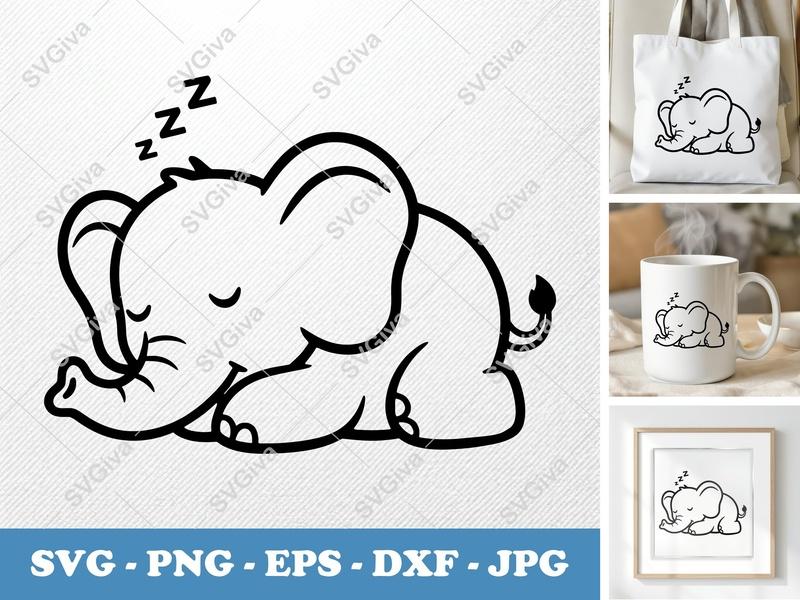 Elephant Sleeping SVG | Cute Baby Elephant Zzz PNG EPS DXF | Cricut Silhouette File | Nursery Decor Animal