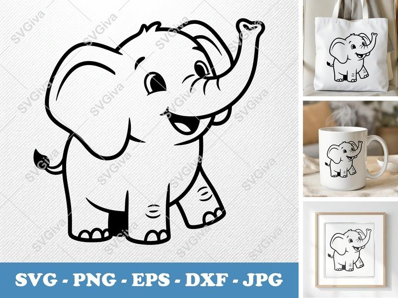 Elephant Smiling Happily SVG | Friendly Rounded Body Bean-Shaped Cut File | PNG DXF EPS | Cricut Silhouette