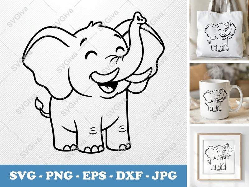 Elephant Smiling Happily SVG | Friendly Rounded Body Bean-Shaped Forms | PNG DXF EPS | Cricut Silhouette File