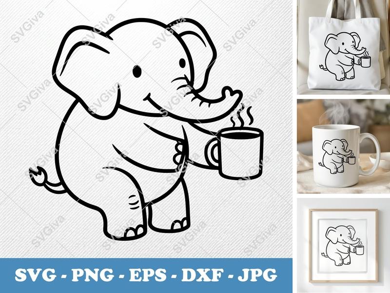Elephant SVG | Coffee Drinker Clip Art, Cute Elephant PNG EPS DXF for Cricut, Silhouette, Animal Lover Gift, Coffee Mug Design