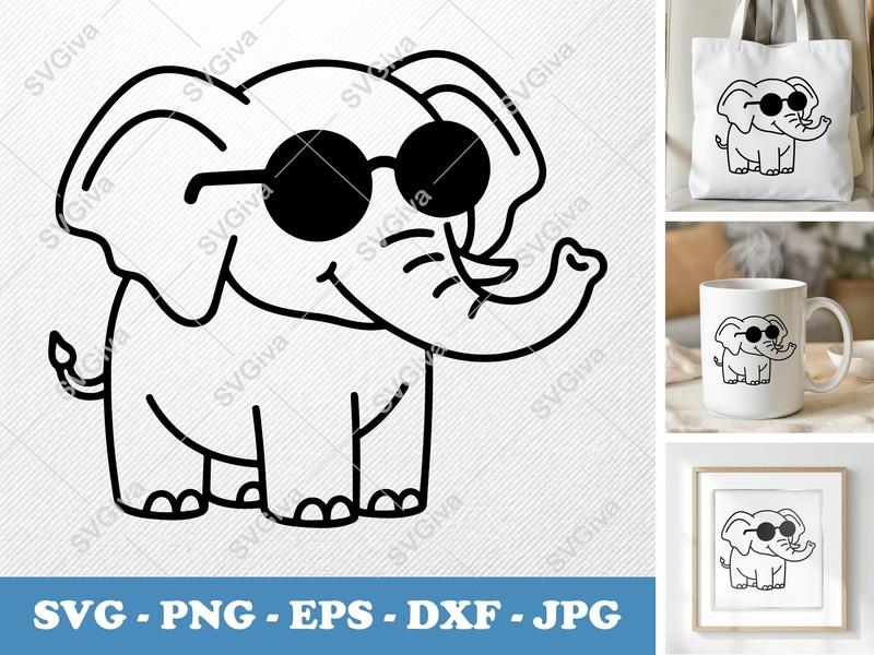 Elephant SVG | Cool Elephant with Sunglasses Cut File | Baby Animal | PNG EPS DXF for Cricut Silhouette