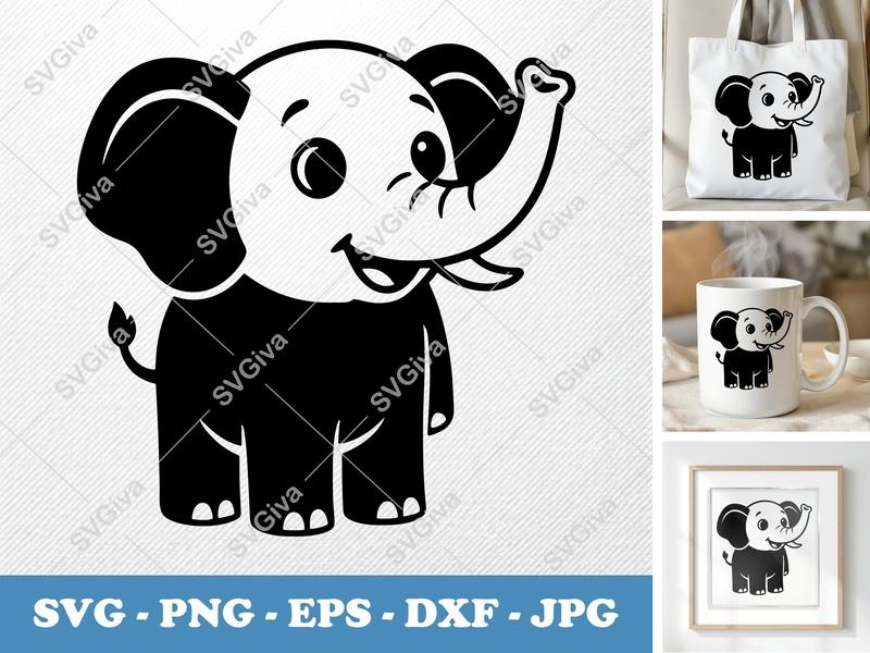Elephant SVG | Cute Baby Elephant Clip Art | Cartoon Animal Design | PNG EPS DXF for Cricut, Silhouette