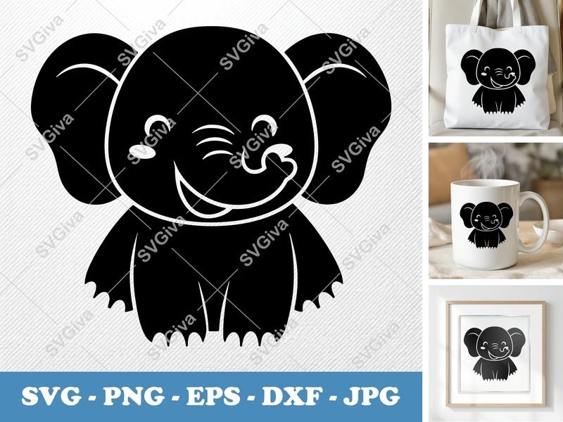 Elephant SVG | Cute Baby Elephant Clip Art | Happy Cartoon Animal | PNG EPS DXF for Cricut & Silhouette | Kid's Craft Design