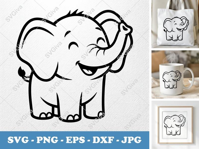 Elephant SVG | Cute Baby Elephant Cut File | Happy Animal Vector Art for Cricut, Silhouette | PNG EPS DXF included