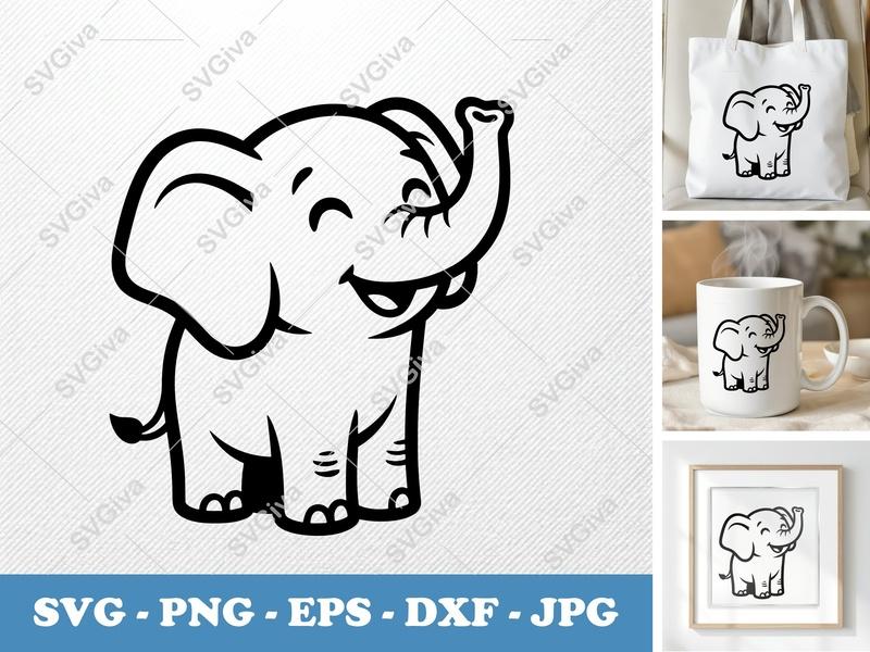 Elephant SVG | Cute Baby Elephant | Happy Smiling Animal | PNG EPS DXF | Cricut & Silhouette Cut File | Modern Design