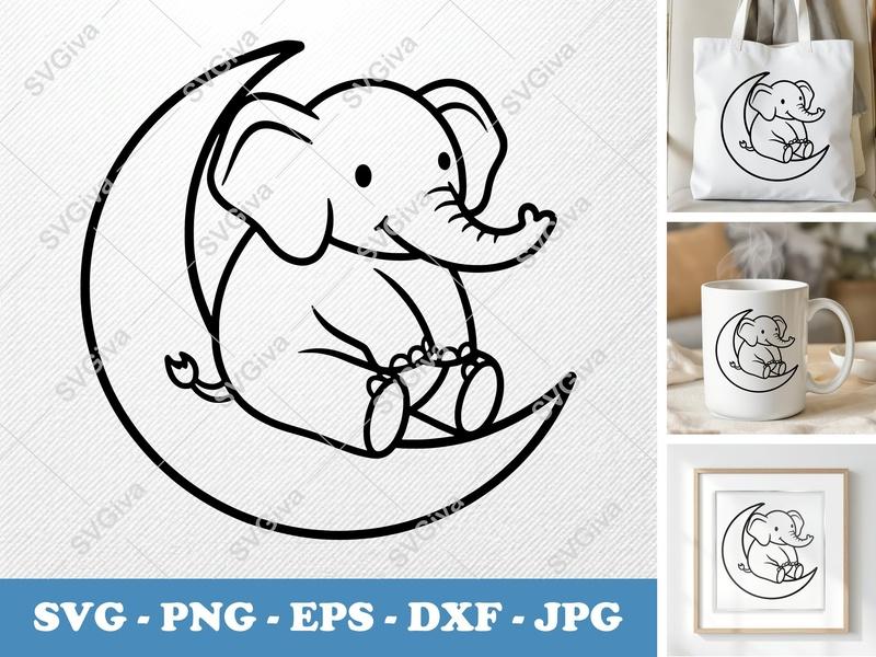 Elephant SVG | Cute Baby Elephant on Moon | Outline Design PNG EPS DXF | Cricut Silhouette File | Nursery Decor