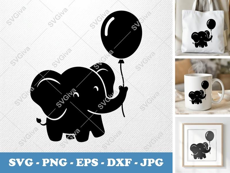 Elephant SVG | Cute Baby Elephant with Balloon | Modern Nursery Decor | PNG EPS DXF for Cricut Silhouette