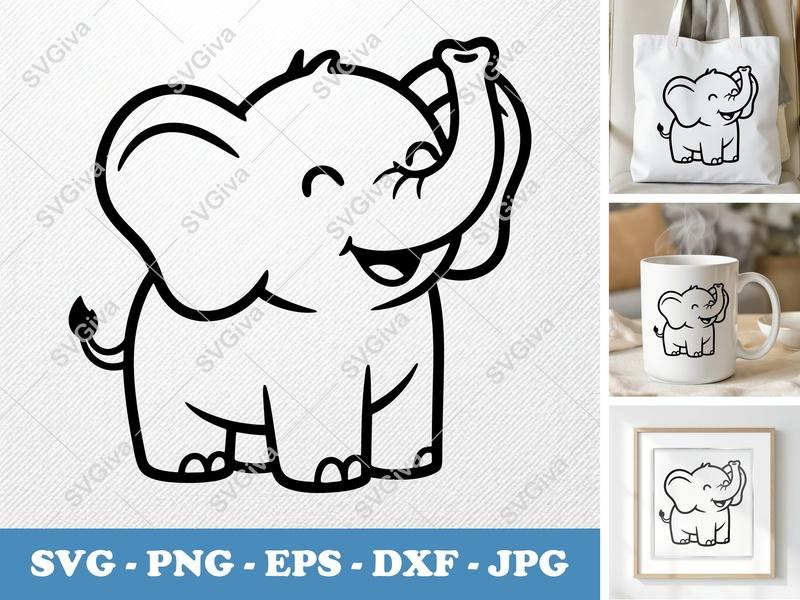 Elephant SVG | Cute Cartoon Baby Elephant Design | Happy Face, Trunk Up | PNG EPS DXF for Cricut, Silhouette, Vinyl Cut File