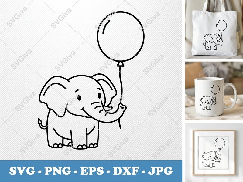 Elephant SVG | Cute Elephant with Balloon PNG EPS DXF | Baby Animal Cricut Silhouette Cut File | Modern Nursery Clipart