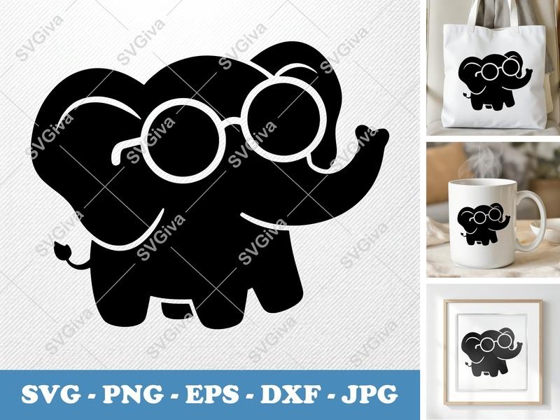 Elephant SVG | Cute Elephant with Glasses | PNG EPS DXF Cut File for Cricut Silhouette | Animal Clipart | Kids Design