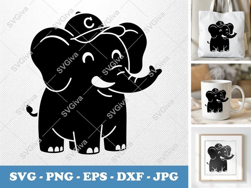 Elephant SVG | Cute Elephant with Hat and Trunk Up | PNG EPS DXF | Cricut Silhouette File | Cartoon Animal Clipart