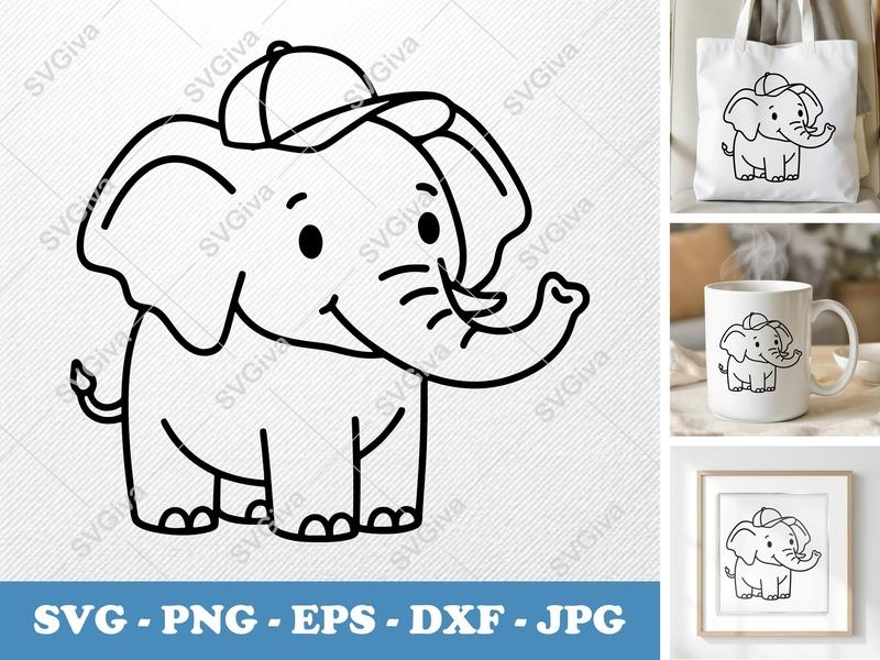 Elephant SVG | Cute Elephant with Hat Cut File | Simple Animal PNG EPS DXF for Cricut & Silhouette | Baby Safari Clipart