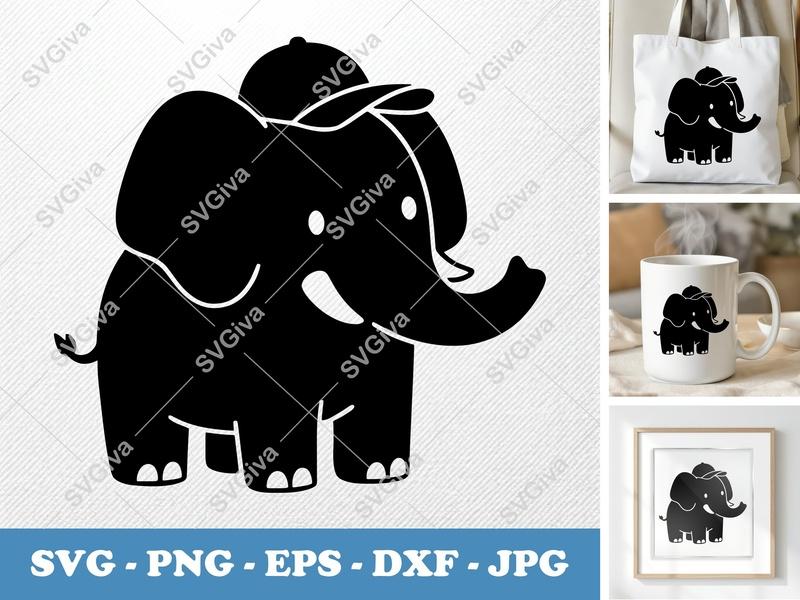 Elephant SVG | Cute Hat Design, Cartoon Animal | PNG EPS DXF | Cricut Silhouette Cut File