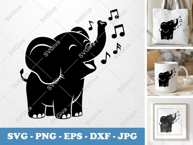 Elephant SVG | Cute Musical Elephant Cut File, Trumpet Music Notes | PNG EPS DXF for Cricut, Silhouette