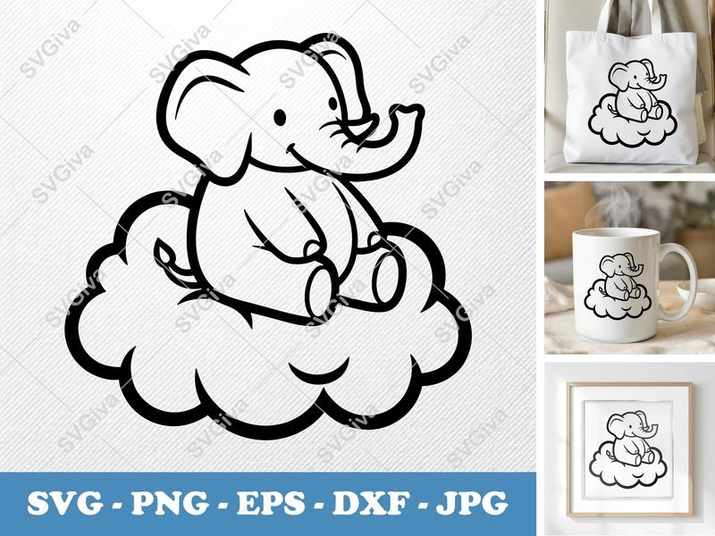 Elephant SVG Cute Sitting on Cloud | Baby Animal PNG EPS DXF | Cricut Silhouette File | Nursery Decor Design