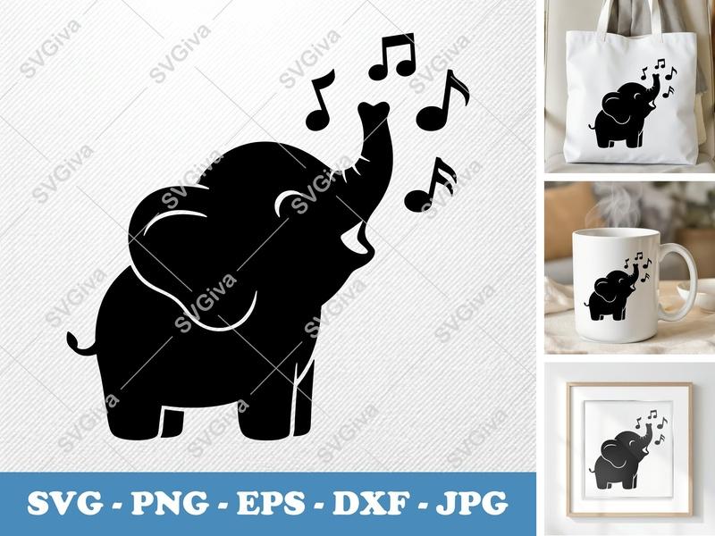 Elephant SVG | Singing Elephant with Music Notes | PNG EPS DXF for Cricut & Silhouette | Cute Animal Vector Art