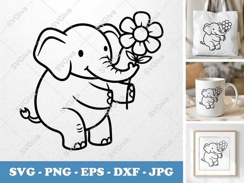 Elephant SVG with Flower | Cute Baby Elephant Design | PNG EPS DXF for Cricut, Silhouette | Animal Clipart | Kids Craft File