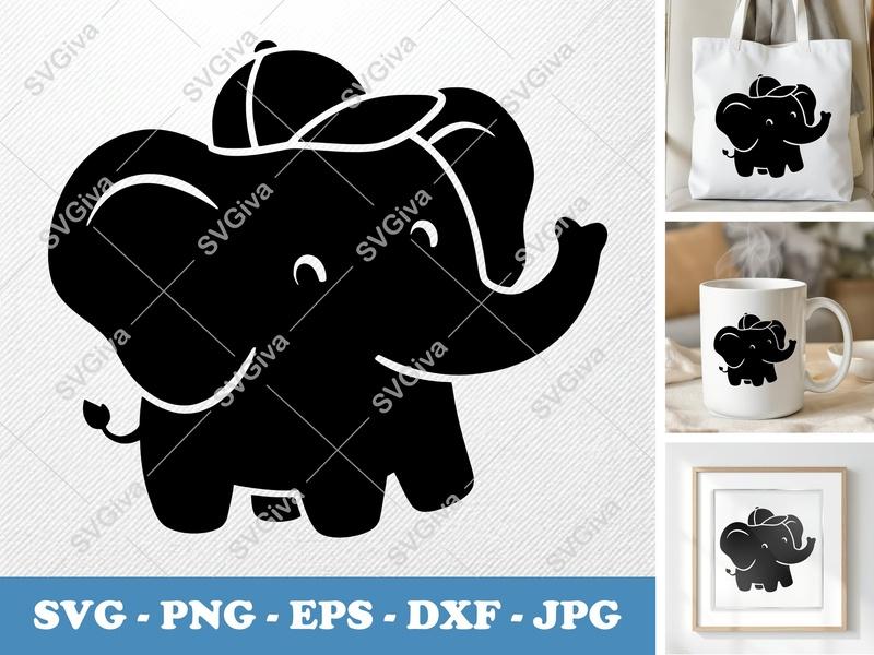 Elephant SVG with Hat | Cute Baby Animal PNG, EPS, DXF | Cricut & Silhouette Cut File | Modern Nursery Decor