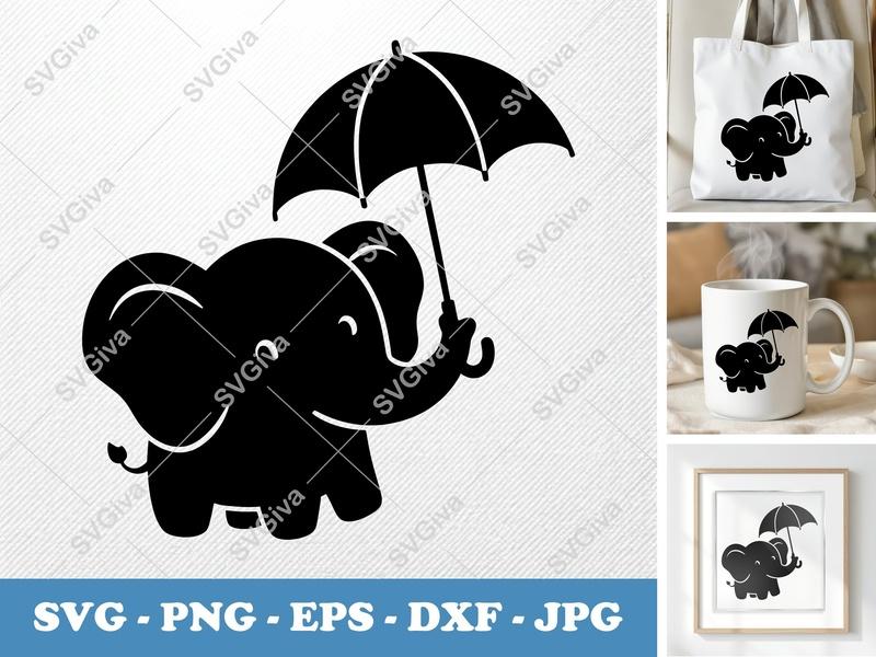 Elephant SVG with Umbrella | Cute Baby Elephant Cut File for Cricut & Silhouette | PNG EPS DXF | Nursery Decor