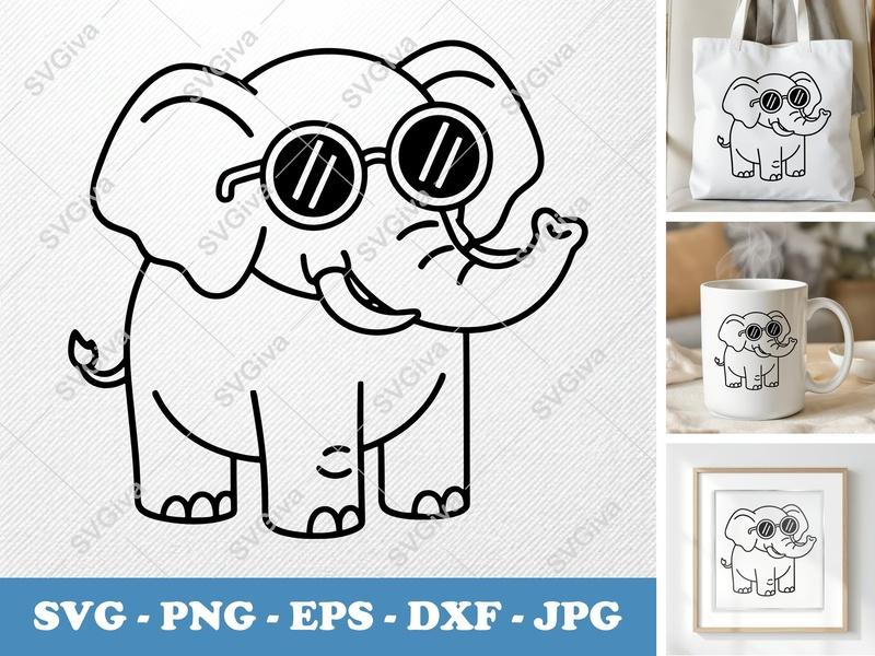 Elephant Wearing Sunglasses SVG | Friendly Bean-Shaped Design | PNG DXF EPS | Cricut Silhouette File