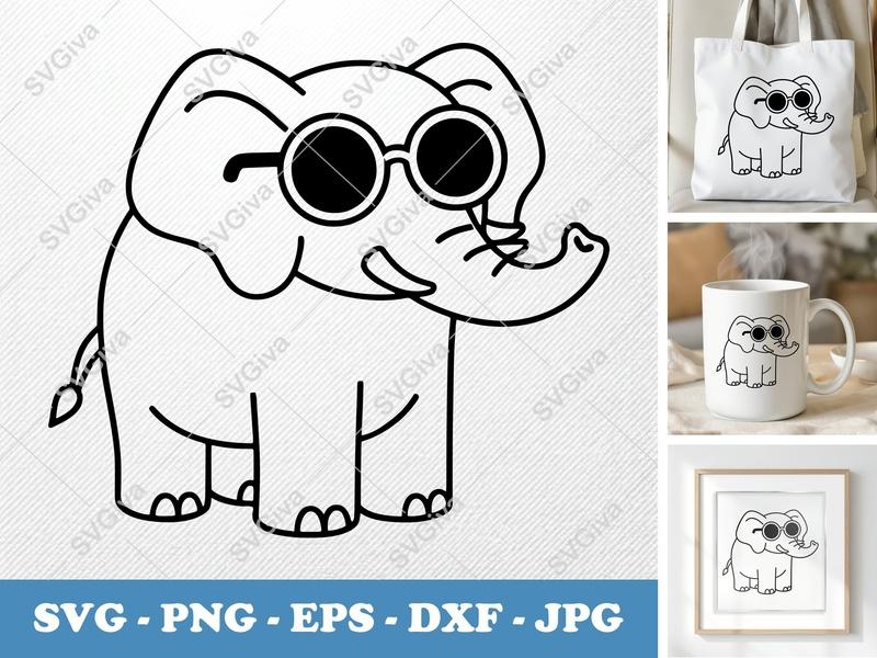 Elephant Wearing Sunglasses SVG | Puffy Cartoon Elephant PNG DXF EPS | Cricut Silhouette File