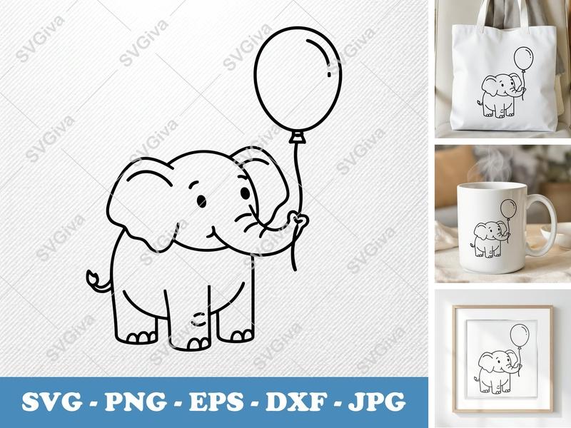 Elephant with balloon SVG | Friendly Bean-Shaped Cut File | Rounded Body PNG DXF EPS | Cricut Silhouette Design