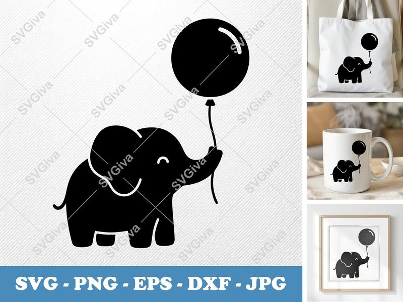 Elephant with Balloon SVG | Puffy Soft Forms | PNG DXF EPS | Cricut Silhouette Cut File