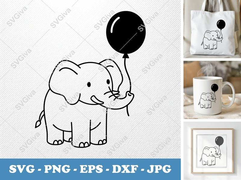 Elephant with Balloon SVG | Puffy Soft Shapes | Inflated Look | PNG DXF EPS | Cricut Silhouette File