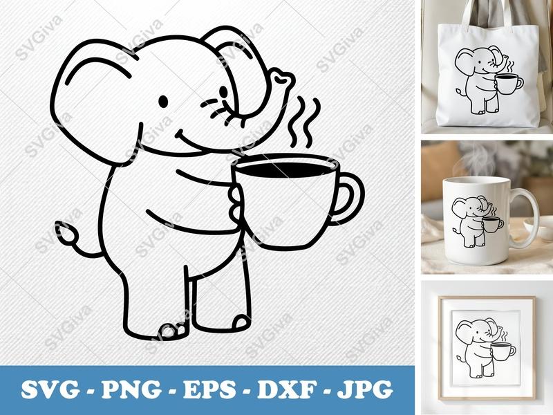 Elephant with Coffee Cup SVG | Bold Contour, Clean Fill Cut File | PNG DXF EPS | Cricut Silhouette | Cartoon Elephant