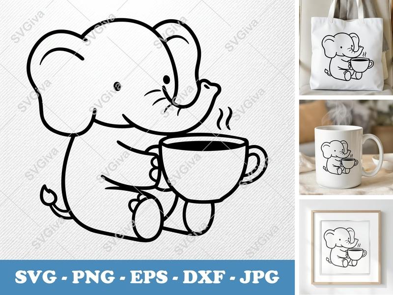 Elephant with Coffee Cup SVG PNG DXF EPS | Cricut Silhouette Cut File