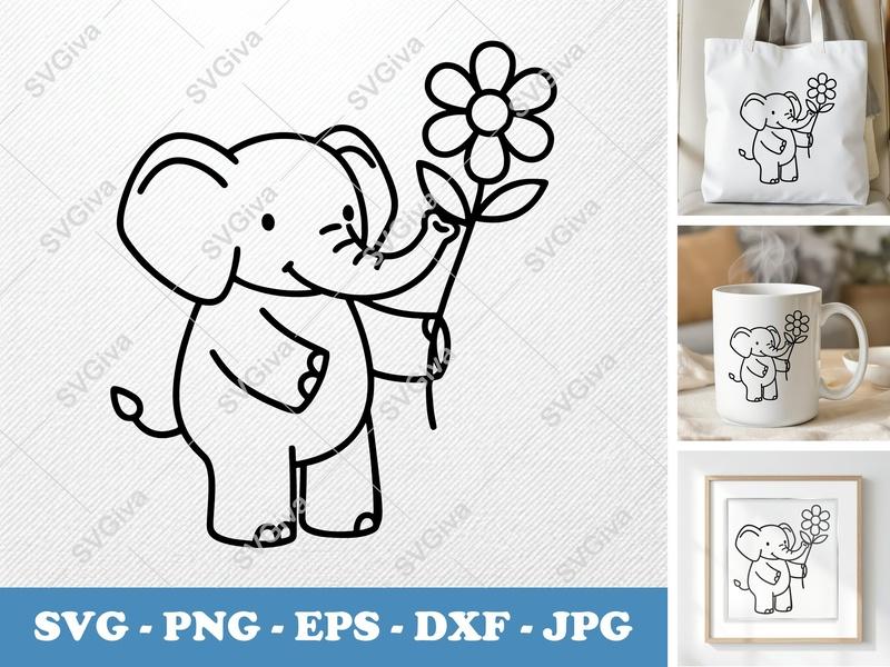 Elephant with Flower SVG | Bold Contour, Simple Character | PNG DXF EPS | Cricut Silhouette Cut File