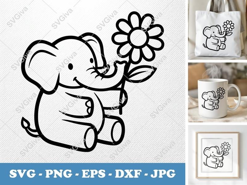 Elephant with Flower SVG | Cute Baby Elephant PNG EPS DXF | Cricut Silhouette File | Animal Clip Art Design