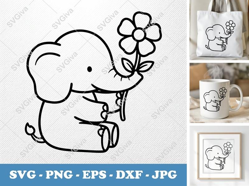 Elephant with Flower SVG PNG DXF EPS | Cute Animal Cricut Silhouette Cut File