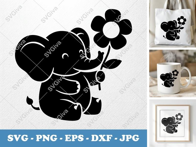 Elephant with Flower SVG | Puffy Soft Shapes | PNG DXF EPS | Cricut Silhouette Cut File
