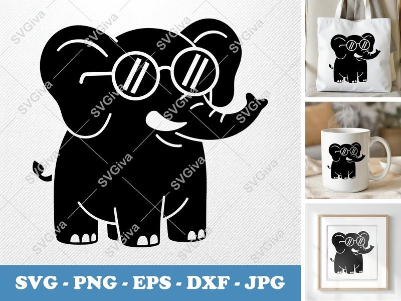 Elephant with Glasses SVG | Cool Animal Cut File | PNG EPS DXF for Cricut, Silhouette | Modern Design
