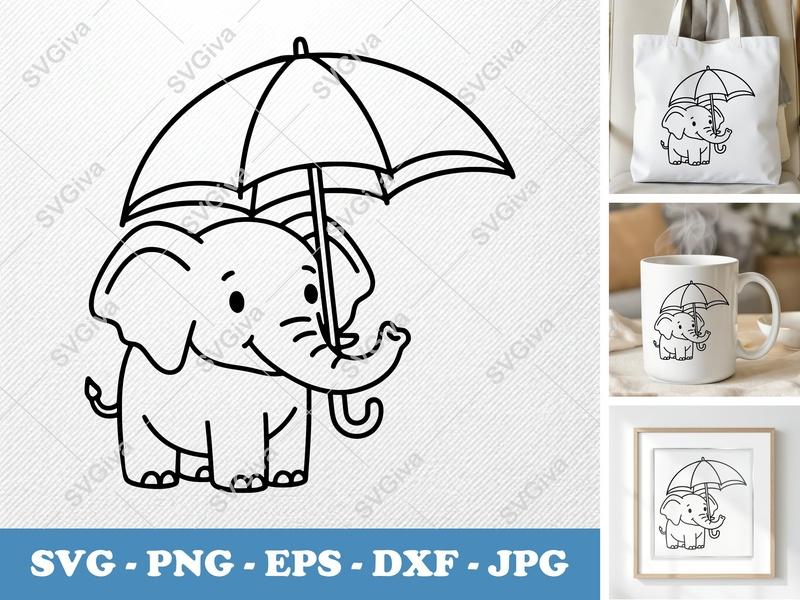 Elephant with Umbrella SVG | Cute Baby Elephant PNG EPS DXF | Cricut Silhouette File | Animal Clip Art Design