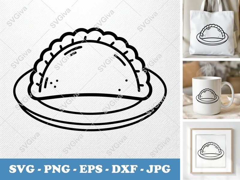 Empanada on a Plate SVG | Double-Outline | Minimalist Kitchen Cut File | PNG DXF EPS for Cricut Silhouette
